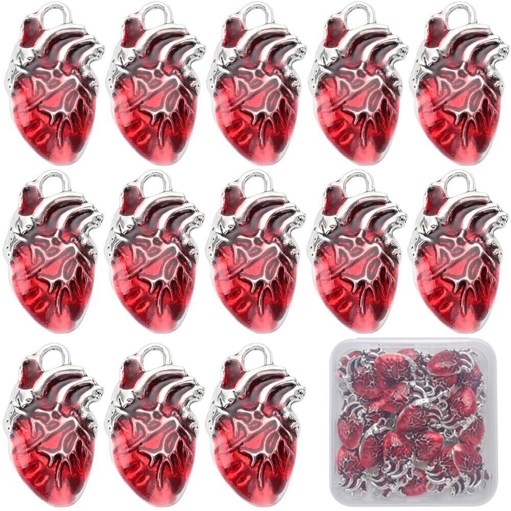7027 1 Box 30Pcs Heart Charms Bulk Alloy Anatomical Charms Red Enamel Metal